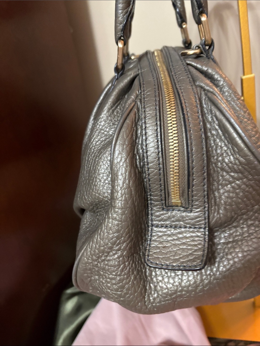 MCM Authentic Muchen Metallic Pewter Pebbled Leather Satchel Shoulder bag - Picture 3 of 11